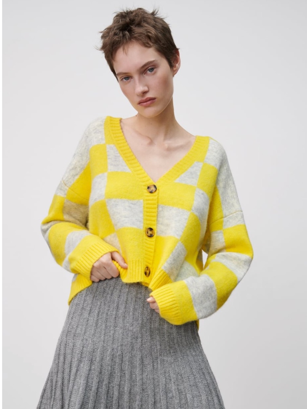 BNWT Zara Yellow and Light Gray Checker Knit Cardigan